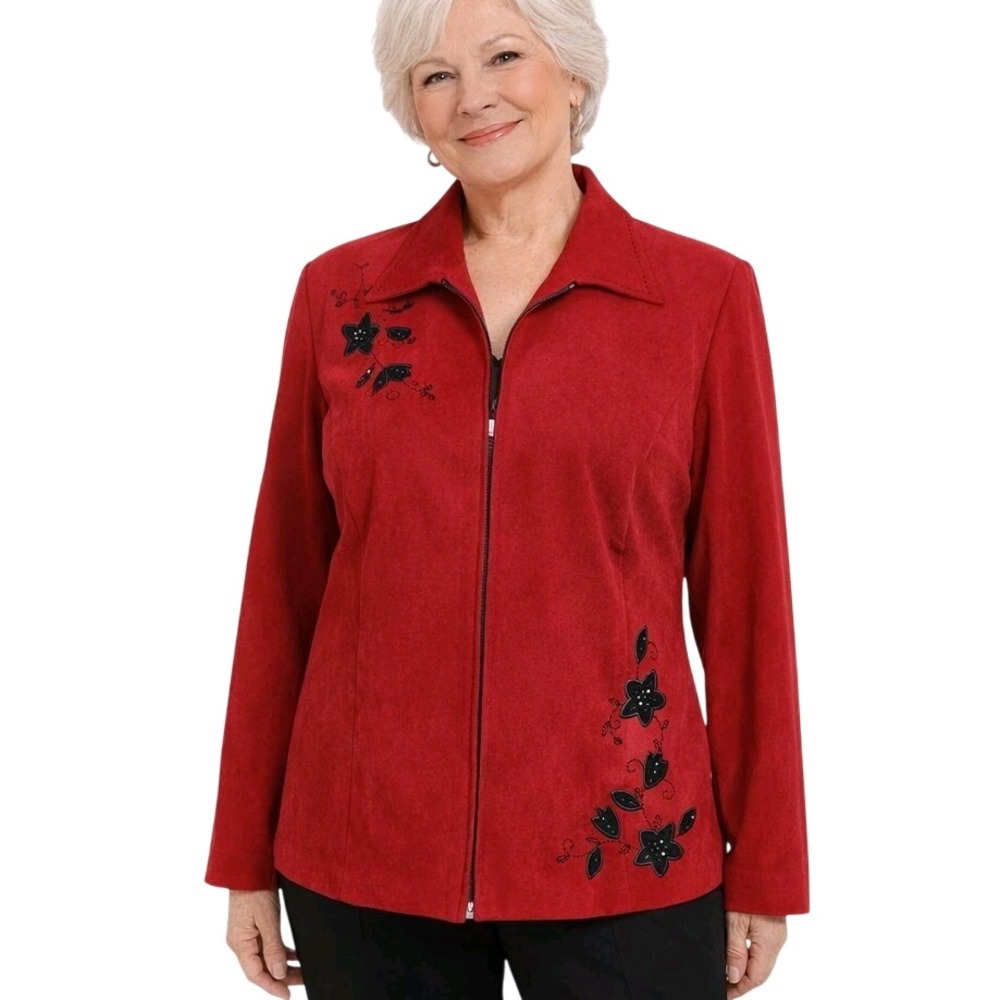 Vintage STUDIO I Size 16 Red‎ Full Zip Collared Jacket Black Floral Embroidered
